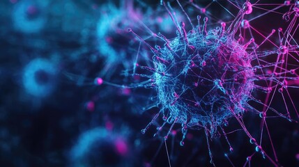 Poster - Abstract digital illustration of a virus in vibrant colors, showcasing the intricate structure and interconnectedness of microbial life.
