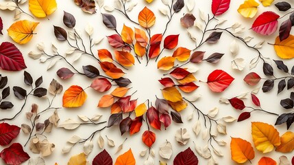 Wall Mural - vibrant autumn leaves and branches arranged in a radial pattern on a light, neutral background