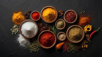 Top View of Cooking Ingredients with Vibrant Spices and Salsa – Culinary Art Photography