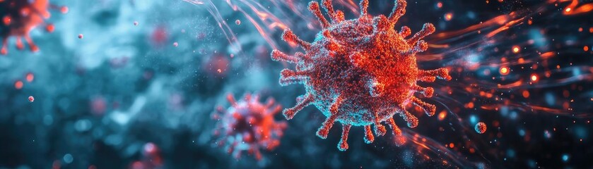Poster - A detailed depiction of a virus with vibrant colors, showcasing its structures and dynamics in a digital environment.
