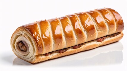 A golden brown pastry filled with meat on a white background.