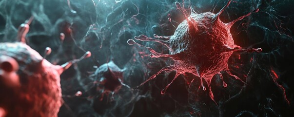 Poster - Microscopic view of viruses in vibrant colors, showcasing intricate details for scientific and educational purposes.