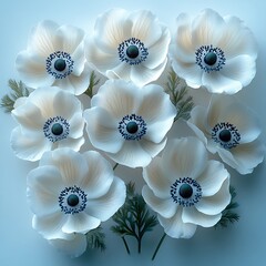 Wall Mural - A beautiful arrangement of white anemone flowers with green foliage.