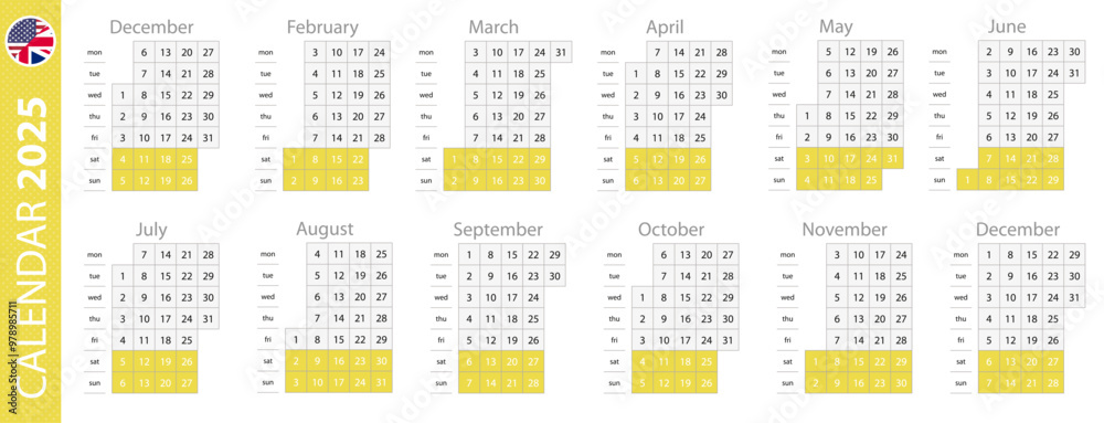 Calendar template for 2025 year, vertical grid design. Vector calendar ...