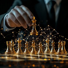 Poster - Business Strategy Concept Hand Moving Golden King Chess Piece On Board With Network Graphic Overlay