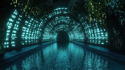 Wall Mural - Futuristic Neon Tunnel with Water Reflection