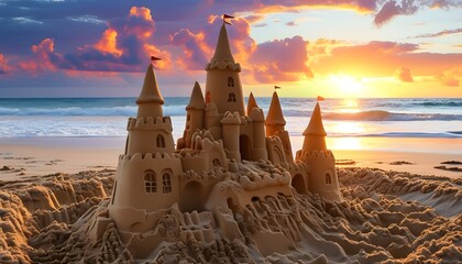 Wall Mural - Sunset view of childrens sand castle on a serene ocean beach