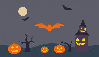 Wall Mural - A Halloween themed poster with bats flying in the sky and pumpkins on the ground