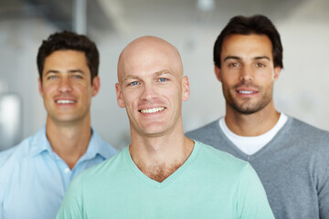 Aufkleber - Creative, smile and portrait of business people in group with confidence, solidarity and about us at startup. Professional, teamwork and men in office together with pride, support and design agency