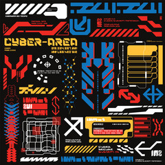 cyberpunk y2k 2000s gaming futuristic icon pattern  set collection template hud for branding fashion t-shirt decoration decals, 2d illustration rendering vector 