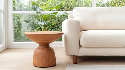 Wall Mural - Teak wood side table next to a cozy sofa, modern living room, soft and warm color palette, natural light filtering through large windows, indoor plants, balanced and calm scene