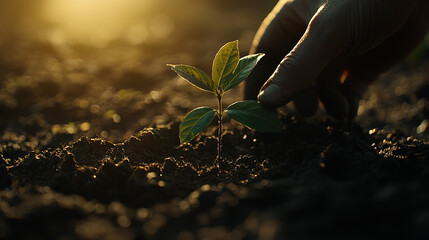 Person planting a young sapling in soft soil