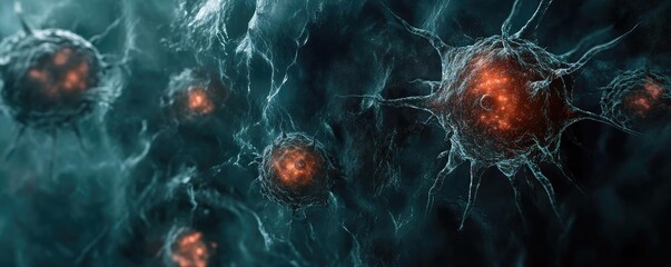 Poster - Abstract image of glowing cells in a dark environment, illustrating concepts of biology, microbiology, and cellular activity.