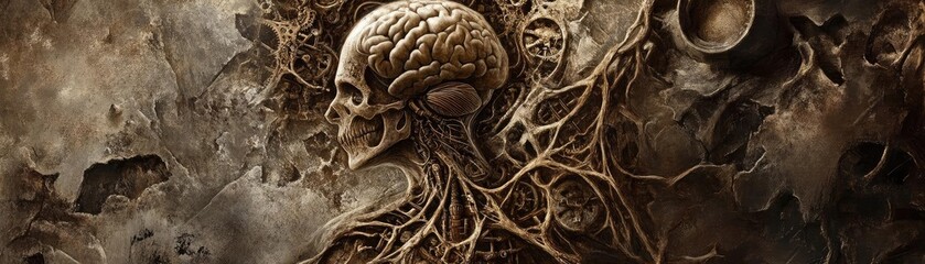 Aufkleber - An intricate illustration of a skull intertwined with roots, symbolizing a haunting connection between life and death.