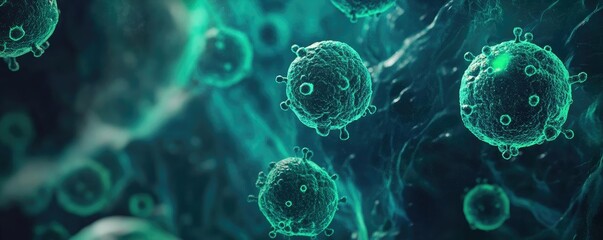 Aufkleber - A detailed microscopic view of cells showcasing vibrant green structures, illustrating the complexity of microbial life.