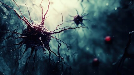 Poster - Intricate depiction of cells in a dark, ethereal environment, showcasing the complexity of microscopic life forms.