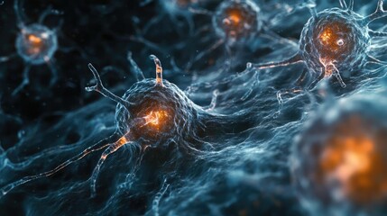 Poster - Stunning close-up of glowing cells showcasing intricate structures and vibrant colors in a scientific exploration of life.