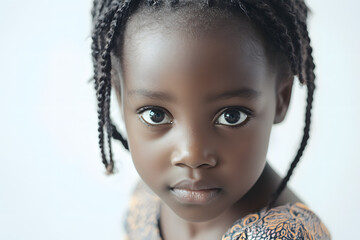 Sticker - A close-up portrait of an African girl child with black skin against a white background,