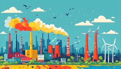 Canvas Print - Dynamic cityscape contrasting pollution with renewable energy sources in a vibrant illustration