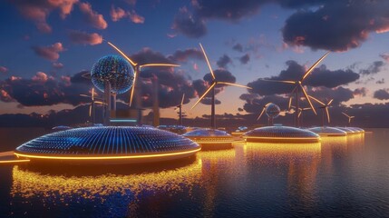 Wall Mural - Futuristic Cityscape with Wind Turbines and Illuminated Domes on Water