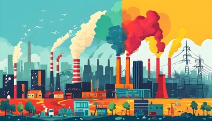 Canvas Print - Dynamic cityscape contrasting pollution with renewable energy sources in a vibrant illustration