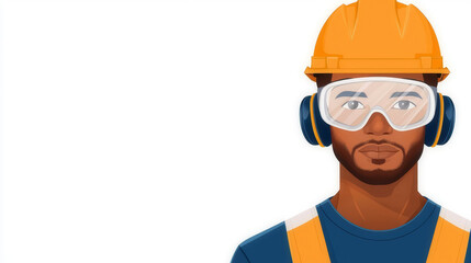 Wall Mural - Worker with safety goggles and ear protection, industrial setting, flat design illustration