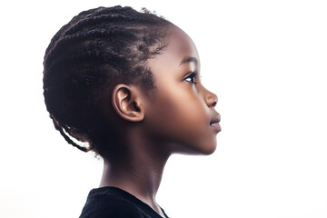 Sticker - A close-up side view portrait of an African child girl with black skin against a white background,