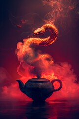 Wall Mural - A glowing golden Chinese snake made of smoke rises from the black Chinese teapot, creating an illusion that it is about to swoop down and strike. Chinese New Year greeting card, 2025 Year of the Snake