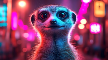 A realistic meerkat glowing with neon colors against a dark, high-definition background image