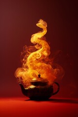 Wall Mural - A glowing golden Chinese snake made of smoke rises from the black Chinese teapot, creating an illusion that it is about to swoop down and strike. Chinese New Year greeting card, 2025 Year of the Snake