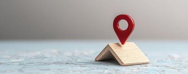 A wooden house model with a red location pin, symbolizing real estate and navigation in a modern context.