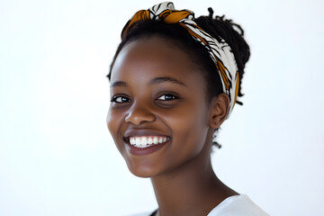 Wall Mural - Close-up portrait of smiling beautiful African woman with radiant dark skin isolated on white background