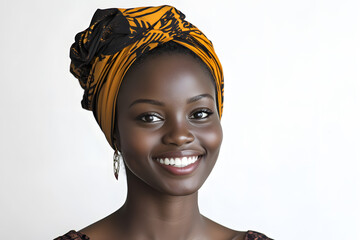 Sticker - Close-up portrait of smiling beautiful African woman with radiant dark skin isolated on white background