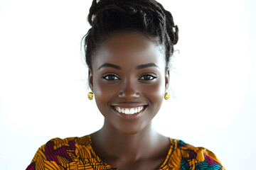 Sticker - Close-up portrait of smiling beautiful African woman with radiant dark skin isolated on white background