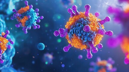 Aufkleber - Colorful 3D representation of viruses in a microscopic view, showcasing intricate details and vibrant colors against a blurred background.