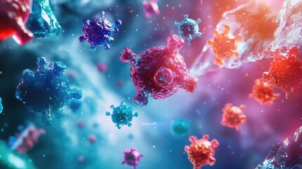 Poster - A vibrant depiction of microscopic organisms suspended in space, showcasing an array of colorful shapes and textures, ideal for science themes.