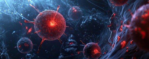 Aufkleber - Abstract representation of virus particles in a dark, illuminated environment, showcasing intricate details and vibrant colors.