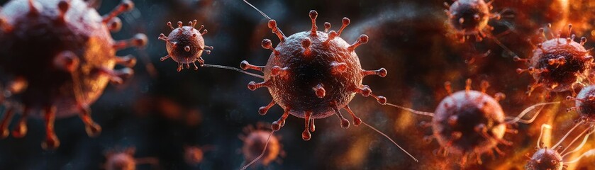 Poster - Close-up view of microscopic virus cells in vivid colors, showcasing intricate details and potential impact on health.
