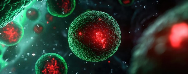 Aufkleber - Close-up of vibrant cells displaying intricate structures and glowing elements, showcasing the beauty of microscopic life.