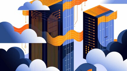 Poster - Digital skyscrapers in a cloud environment, featuring blue and orange tones, showcasing a futuristic cityscape design with abstract elements representing technology and innovation