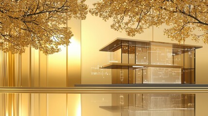 Wall Mural - Modern Glass House with Golden Background and Blueprint Reflections