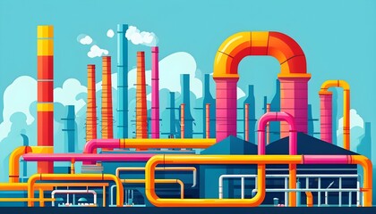 Wall Mural - Vibrant illustration of an industrial factory featuring colorful pipes and smokestacks, highlighting innovative modern manufacturing processes