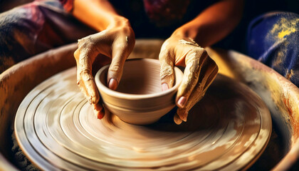 Extreme close-up of two hands of potter making clay pot with a pottery wheel. Ceramics workshop concept, craftsman workshop craft, skill or hobby, sculptor traditional molding. Generative Ai.