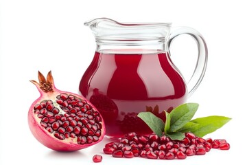 Wall Mural - Refreshing Pomegranate Juice in Glass Pitcher, with Ripe Fruit, Isolated on White Background