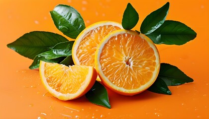 Wall Mural - Vibrant orange fruit surrounded by lush green leaves, displaying both whole and sliced pieces, embodying a healthy lifestyle