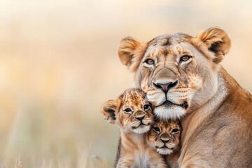  A lioness gently nuzzling her cubs in the golden African savannah, the essence of maternal love on full display