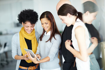 Aufkleber - Business people, tablet and research in office for collaboration, meeting and video with social media. Creative agency, technology and diversity in workplace for teamwork, communication and planning