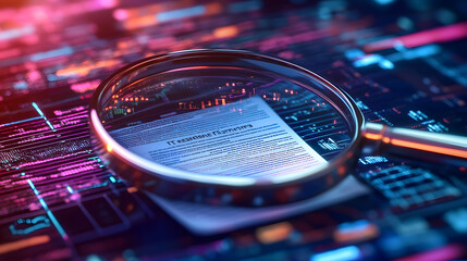 Poster - a detailed it security risk assessment concept depicted with a magnifying glass focused on a documen