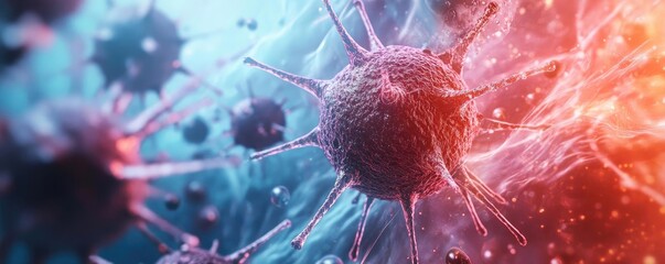 Poster - Close-up of a virus cell illuminated in vibrant colors, showcasing intricate structures and organic detail in microbial science.