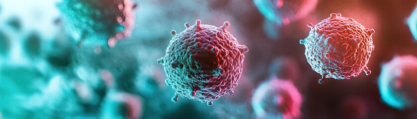 Poster - Colorful digital illustration of virus structures in a microscopic view, showcasing intricate details and textures.